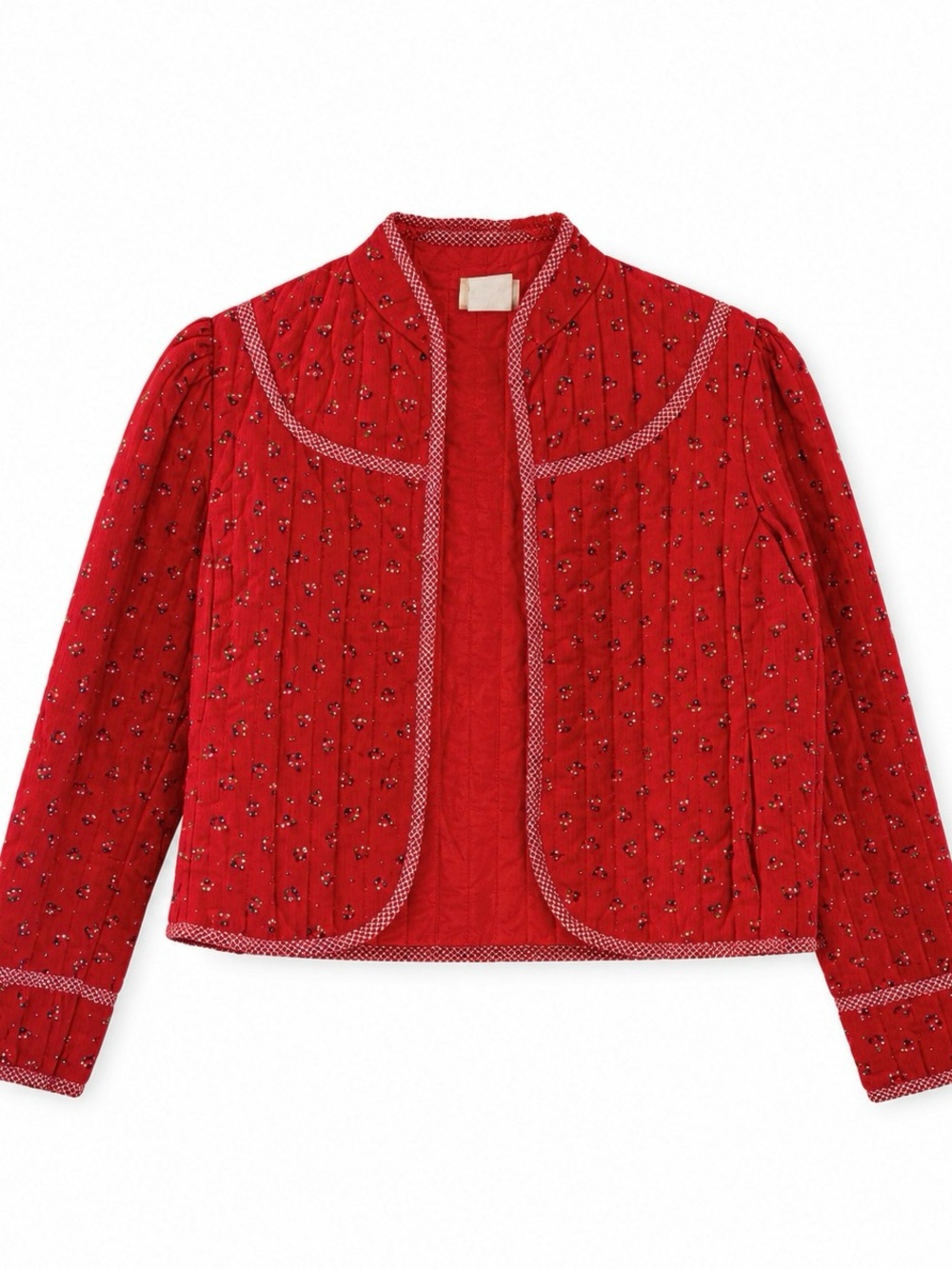 VINTAGE 70S Women's Red Quilted Open-Front Quilted Floral Cottagecore Jacket